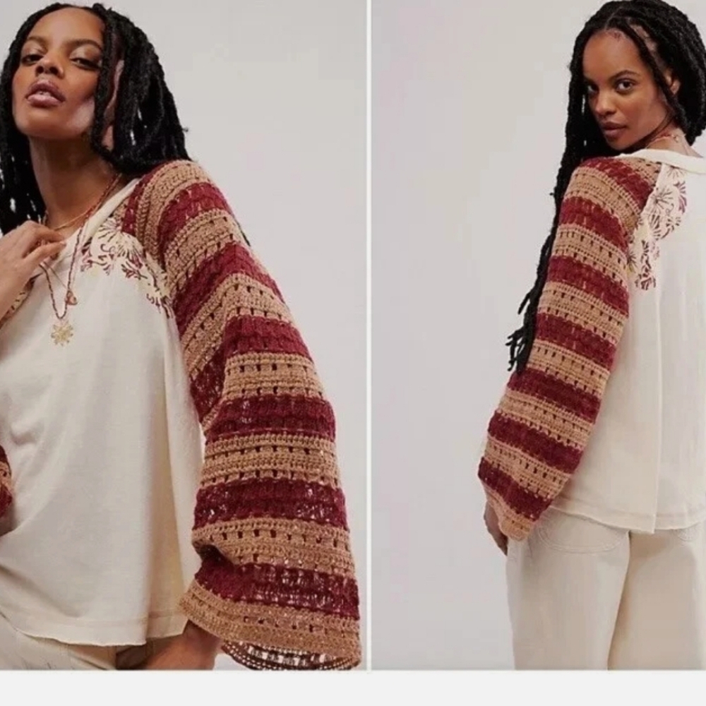 NWOT FREE PEOPLE FESTIVAL READY CROCHET LONG SLEEVE TEE